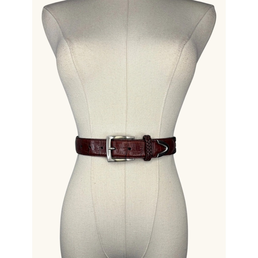 Brighton Mahogany Croc Embossed Leather Braided Belt Brown Silver Buckle 32